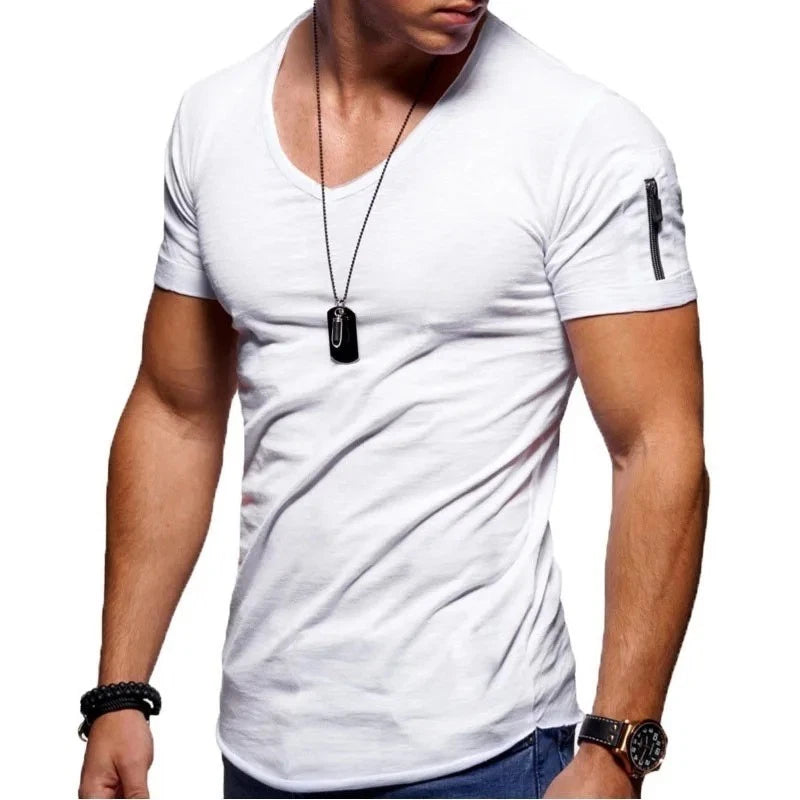 2025  Quality Cotton Men T-shirt V-neck Fashion Design Slim Fit Solid