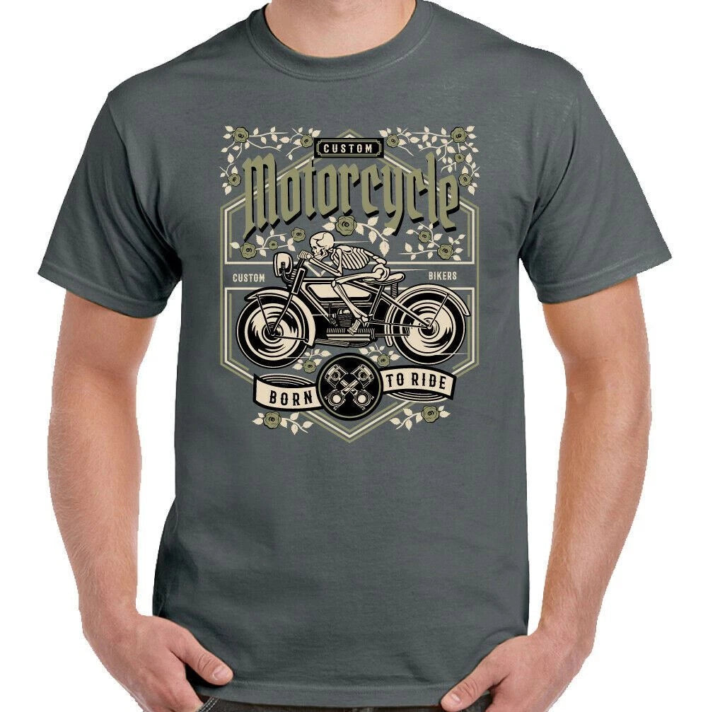 Custom Motorcycle T-Shirt Motorbike Mens Cafe Racer Skeleton Skull Biker