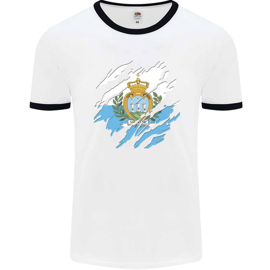 Torn San Marino Flag Sammarinese Day Football Mens Ringer T-Shirt