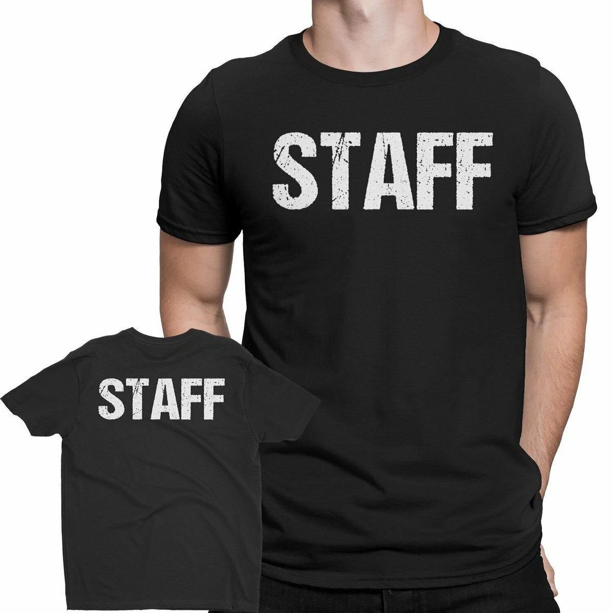 SCREENPRINT Black Staff T-Shirt Double Sided White Print Event Concert Party Tee
