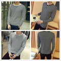 Fashion Men's Round Neck Black / White Striped Long Sleeve Slim T-Shirt Tops