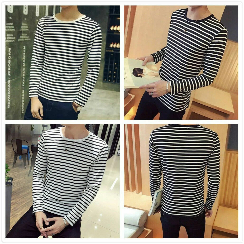 Fashion Men's Round Neck Black / White Striped Long Sleeve Slim T-Shirt Tops