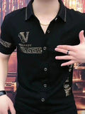 New Men Luxury Rhinestones Fashion Black Polo T-Shirt High Quality