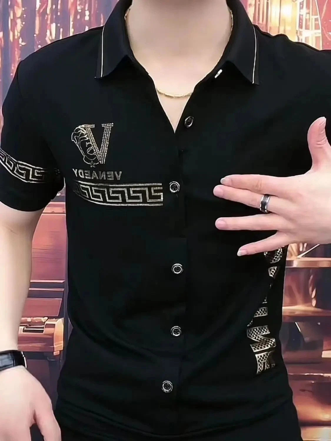 New Men Luxury Rhinestones Fashion Black Polo T-Shirt High Quality