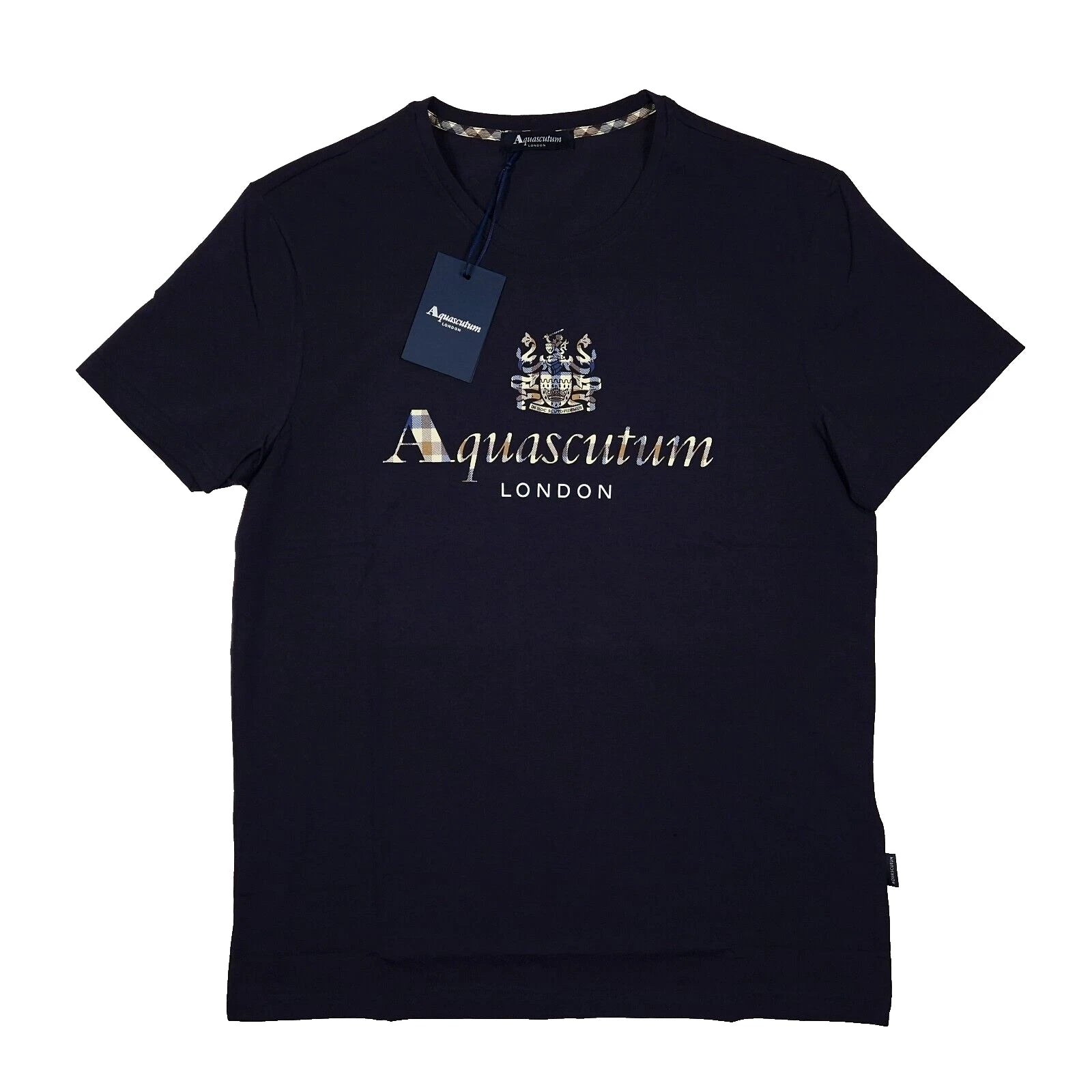 Aquascutum XL Navy Blue Signature Check Logo T-shirt Men's Crew Neck Slim Fit