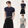 Men Slim Fit Short Sleeve Knit T Shirt with Splicing Design Blue or Gray