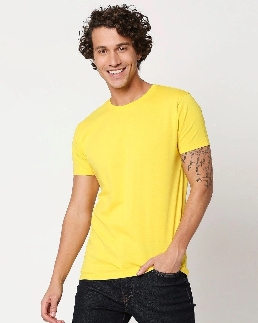 Yellow Solid Round Neck T-shirt  For Men's Half Sleeves Casual  Regular Fit Gift