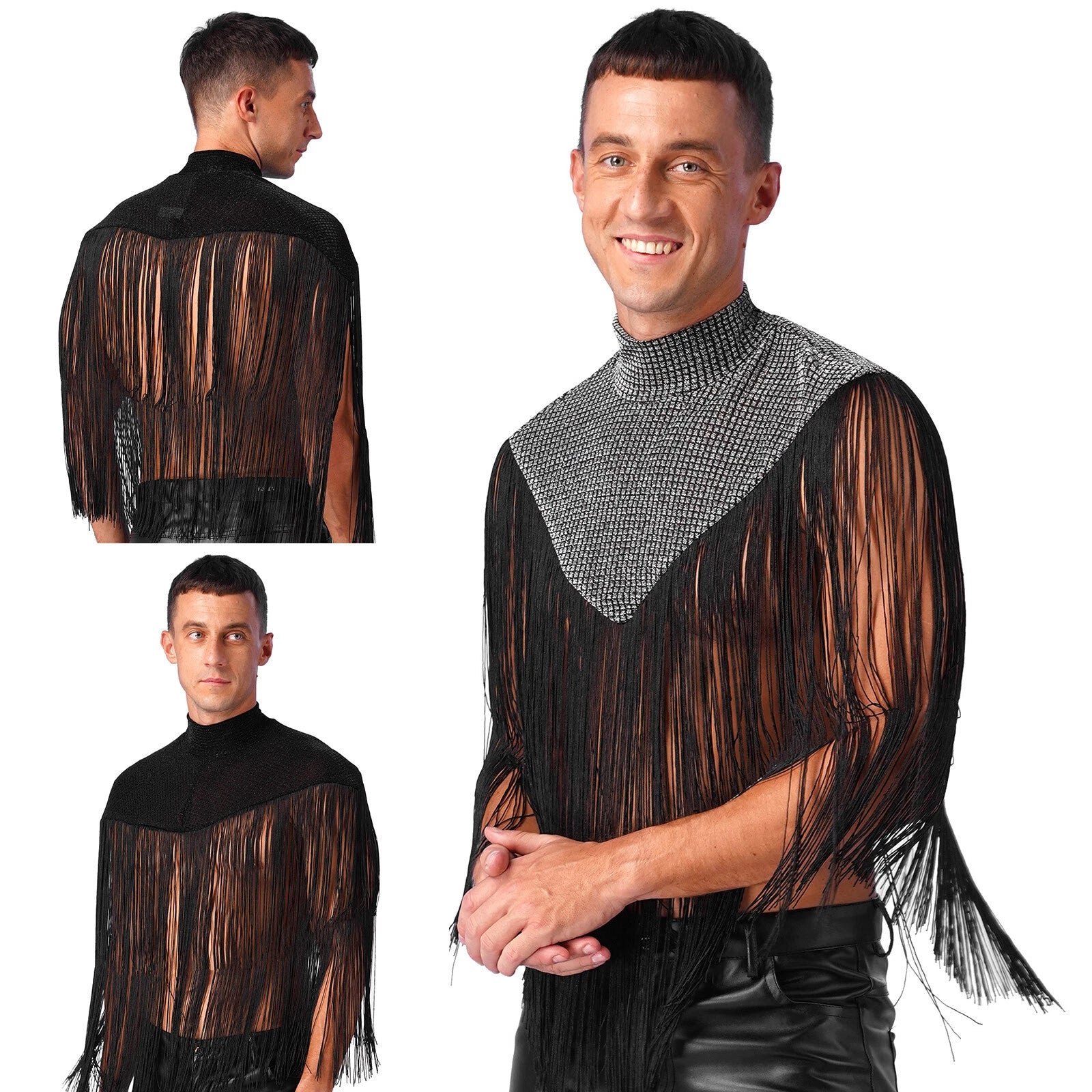 Mens Turtleneck Fringe Hem Medieval Shawl Wraps Long Tassel Flapper Bolero Cloak