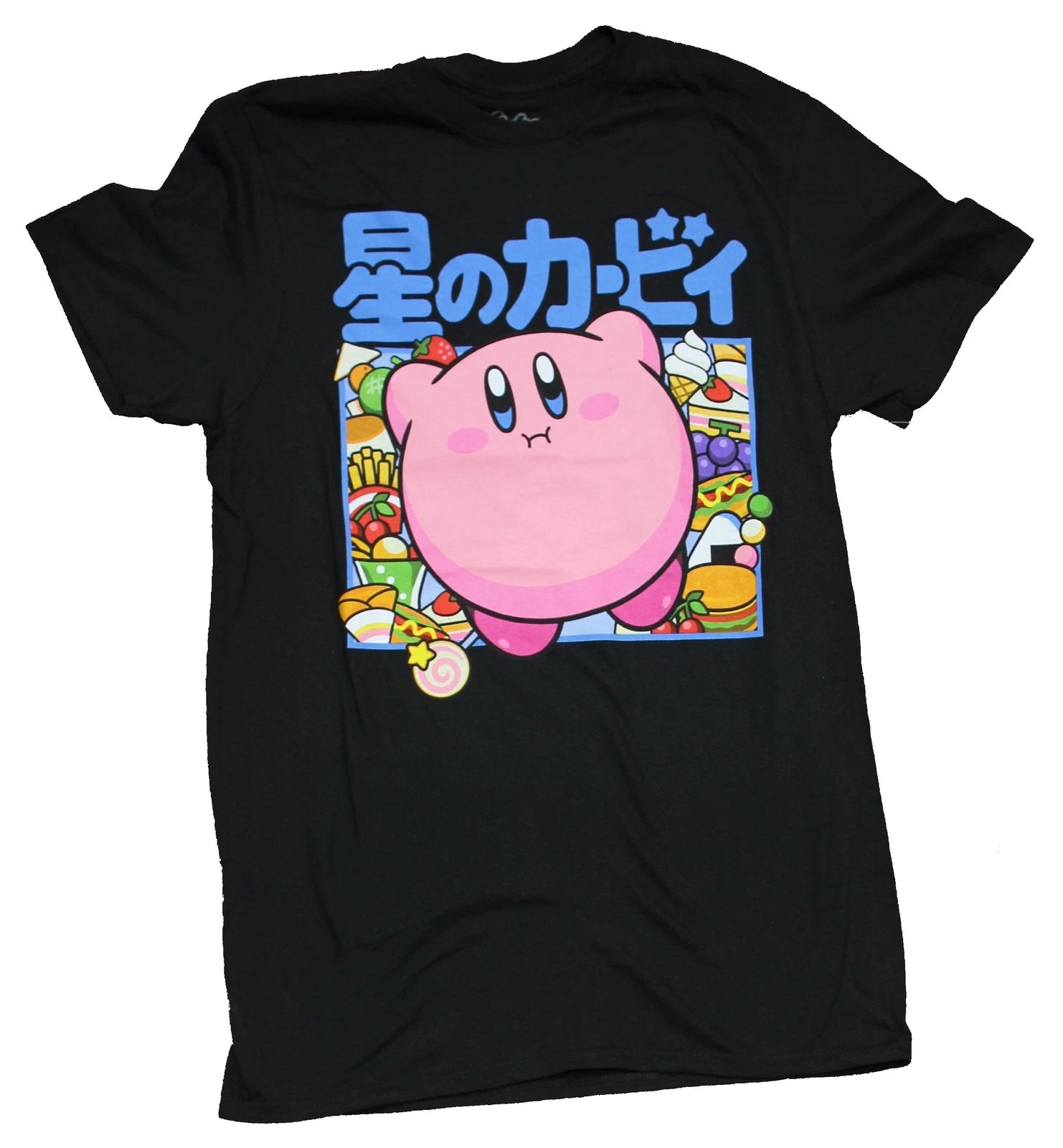 Kirby Adult New T-Shirt - Smiling Under Blue Kanji Food Pile