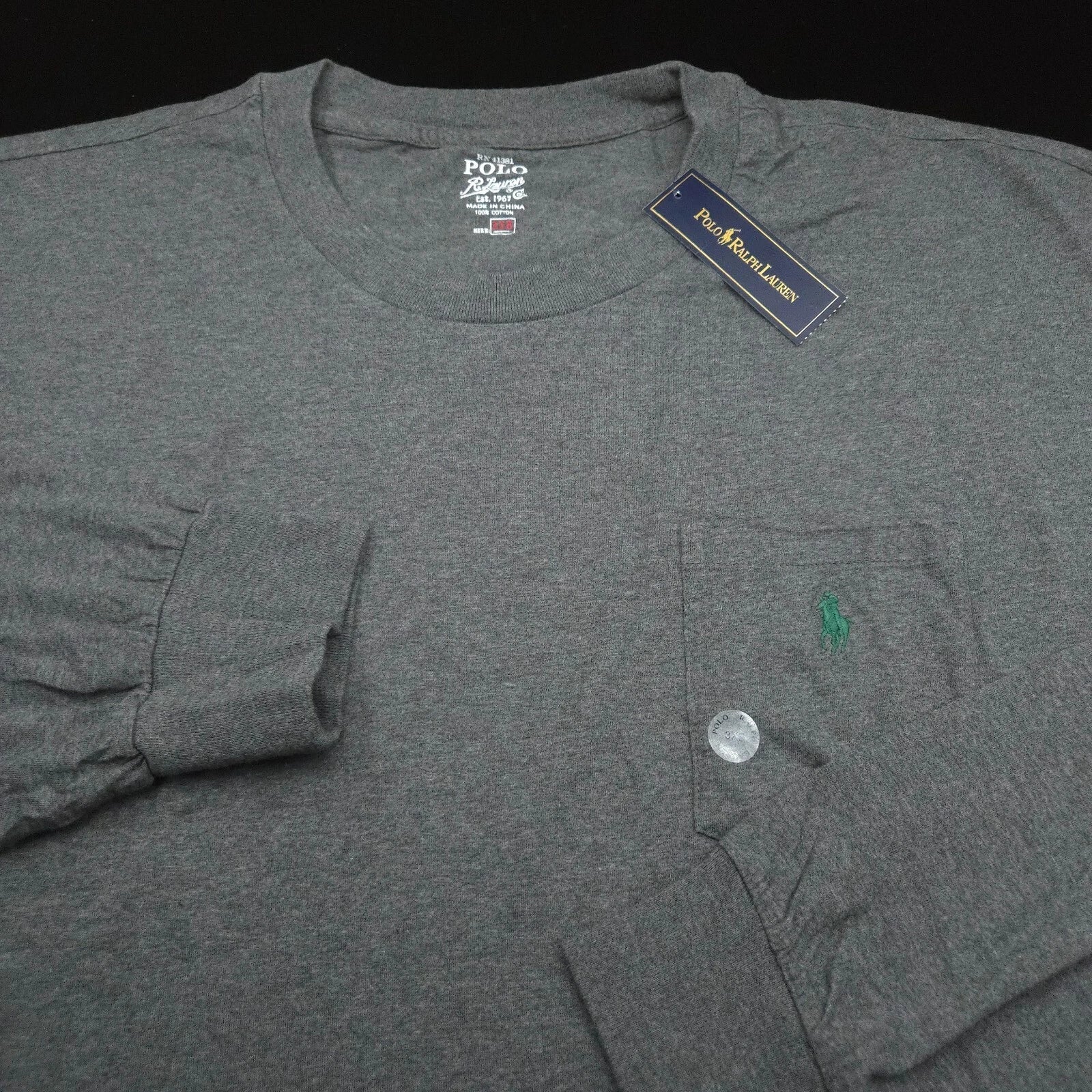 POLO RALPH LAUREN CREW T-SHIRT -3XB BIG 3XL- GRAY HEATHER LONG SLEEVE GREEN PONY
