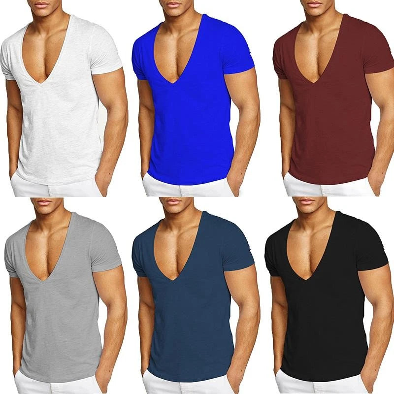 Shirt Tunic Tees Tops T-Shirt Pulloverdeep V Neck Slim Fit 100% Cotton Men @