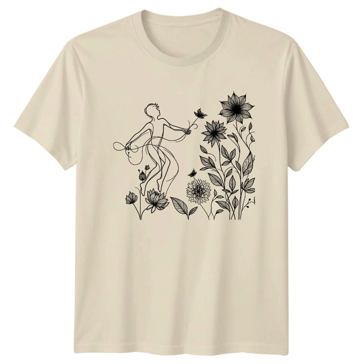 Ethereal Floral Line Art Figure Womens T-Shirt Botanical Nature Birthday Gift