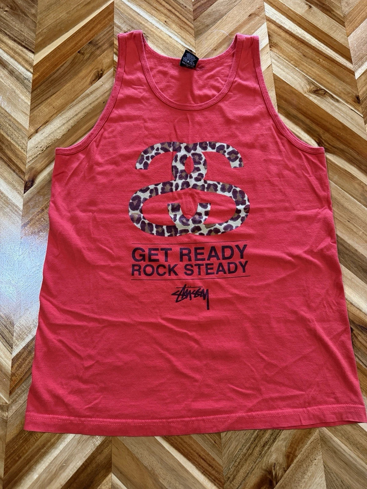 Vintage Stussy Tank Top Shirt Mens Large Cheetah Graphic Logo Spellout Red Y2K