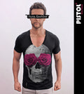 Pistol Boutique Men's Fitted Black Deep V Neck SKULL ROSE ROSES EYES T-shirt