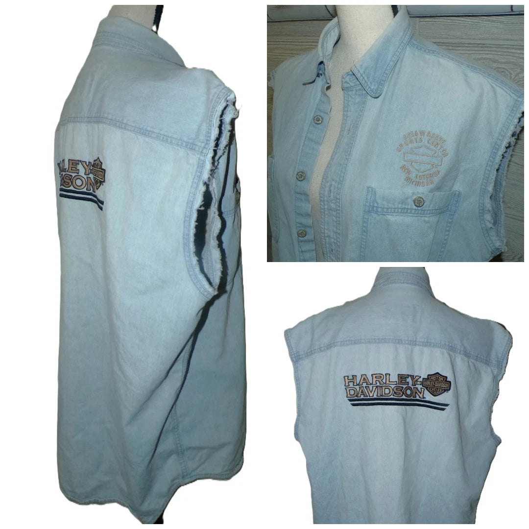 VTG Harley Davidson Button Shirt M Cut off frayed Thrashed Fading Grunge 90's