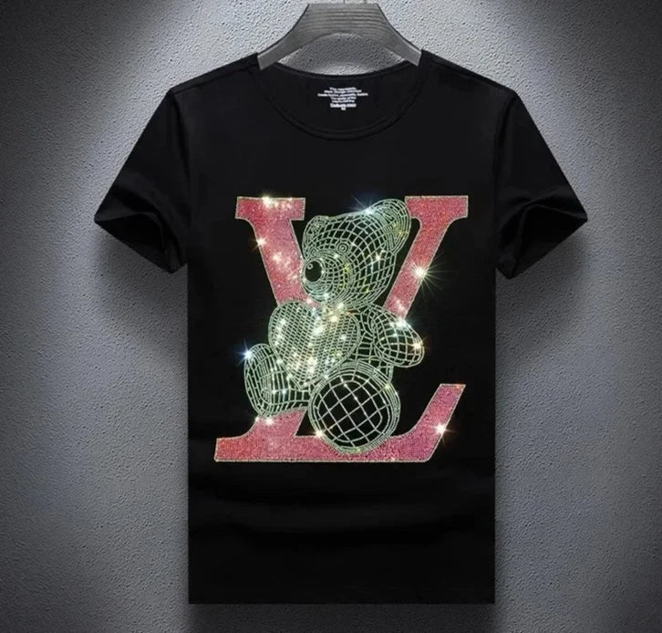 New Men Diamond Fashion Rhinestones Bear Short Sleeve Luxury Black T-Shirt