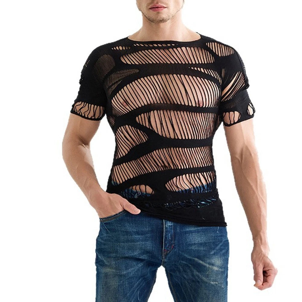 Stylish Men's O Neck Mesh T Shirts with Short Sleeves and See Through Feature