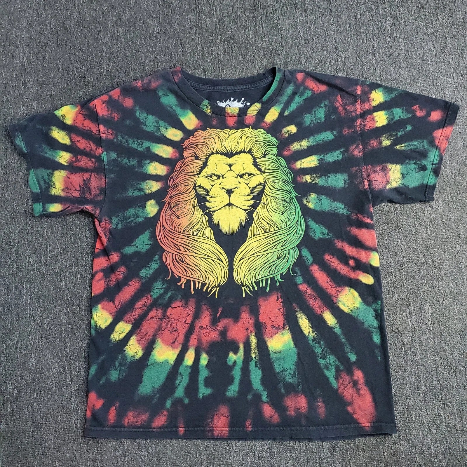 Rasta Lion T-Shirt Mens Sz Large Black Tie Dye Print Reggae Head Bob Marley DOM
