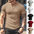 Fashionable Muscle Tops Tee Men's Ribbed Short Sleeve T Shirt Buttons V Neck