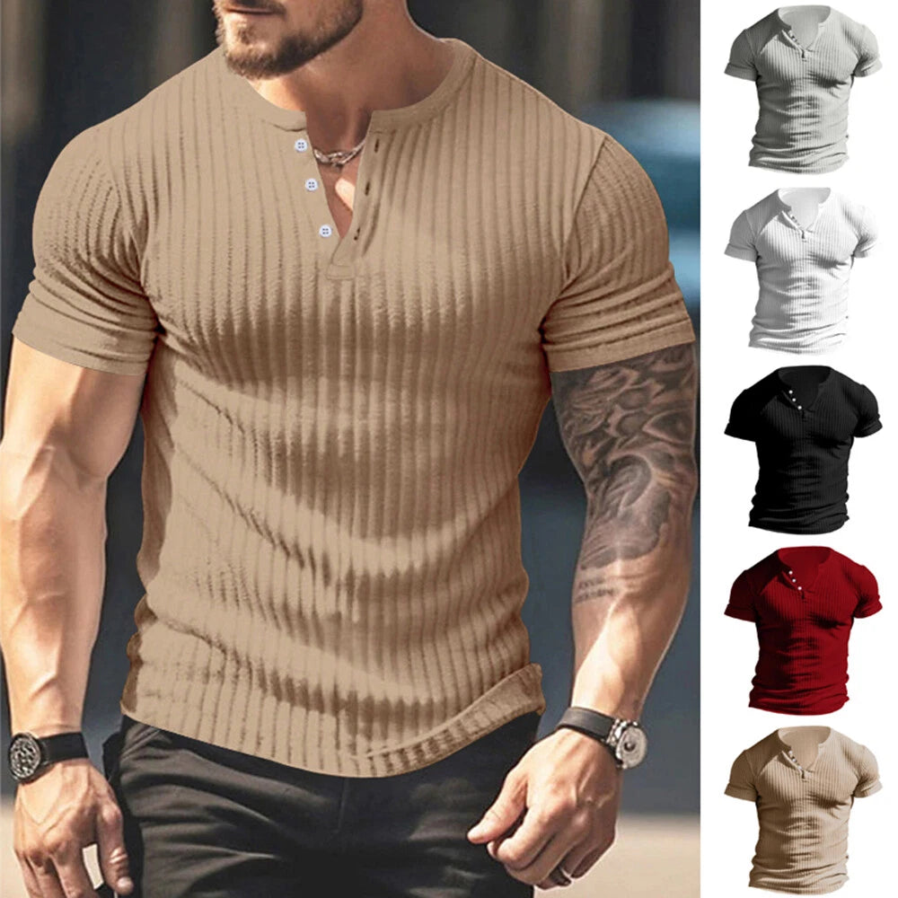 Fashionable Muscle Tops Tee Men's Ribbed Short Sleeve T Shirt Buttons V Neck