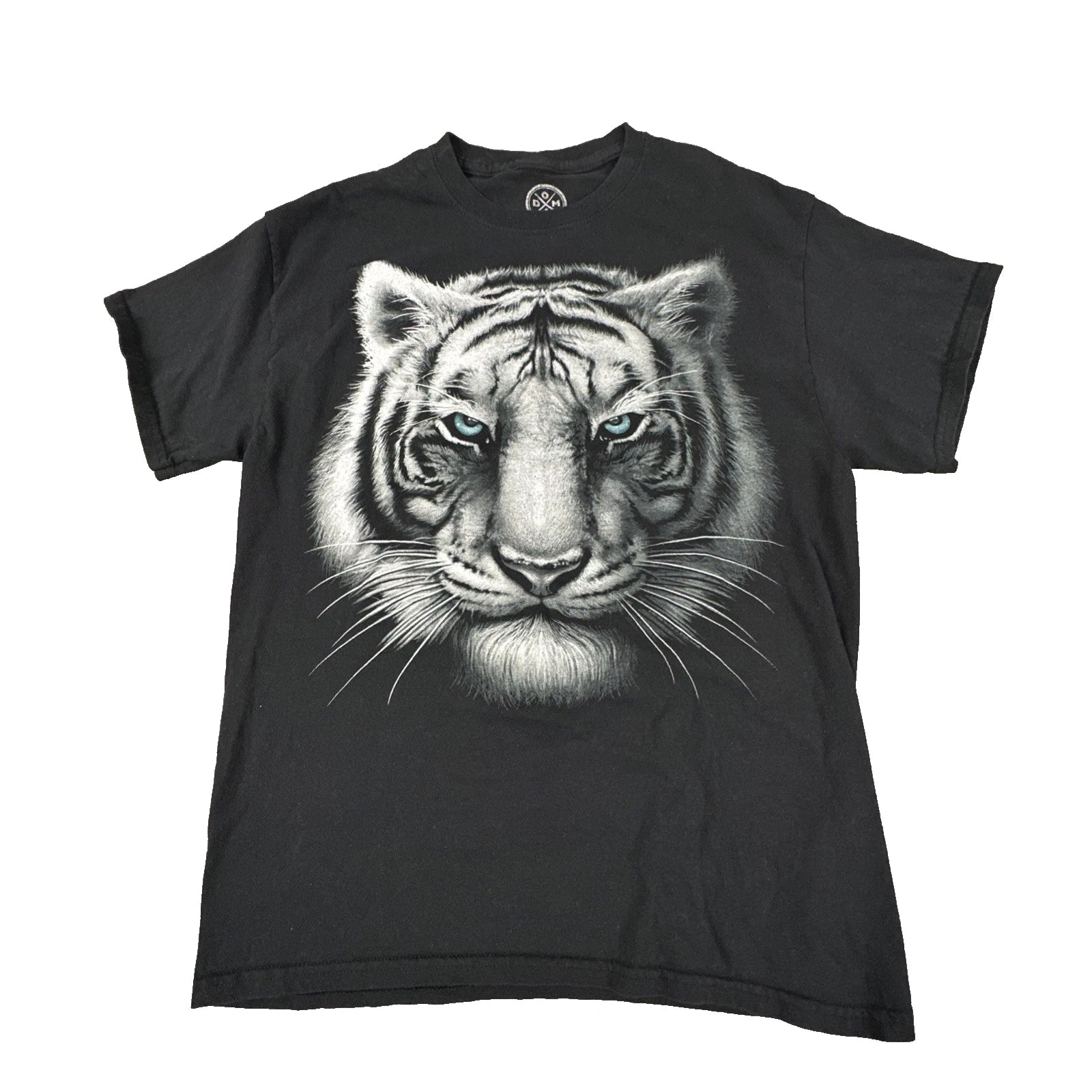 DOM Men's Black White Tiger Graphic T-Shirt Blue Eyes Size M Y2K Grunge