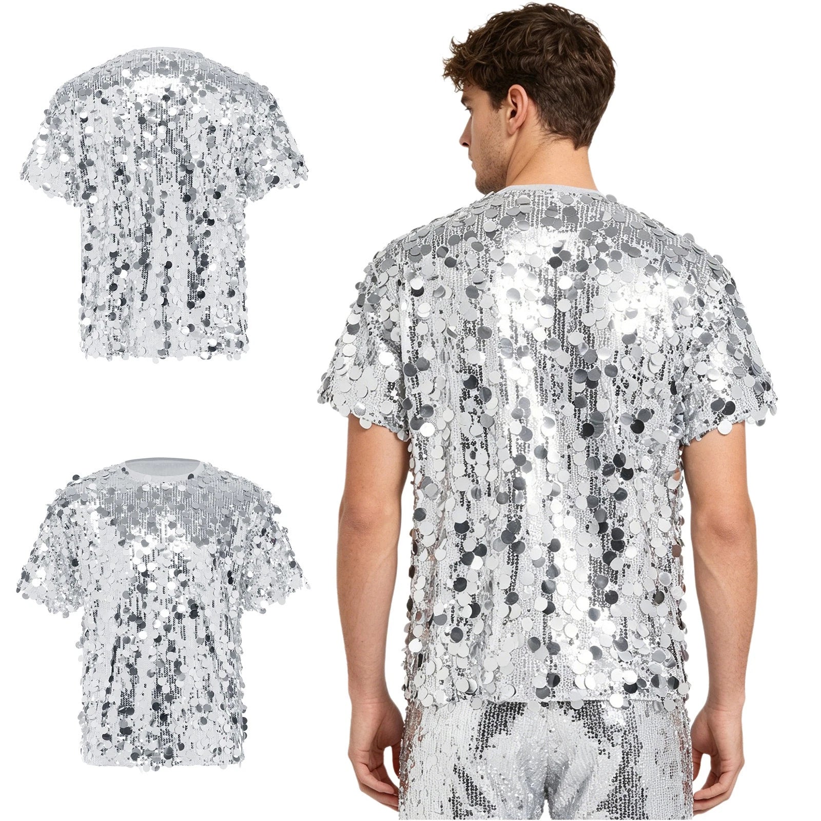 Men T-shirt Disco Dance Top Music Festivals Tee Daily Wear Glitter Summer Jazz