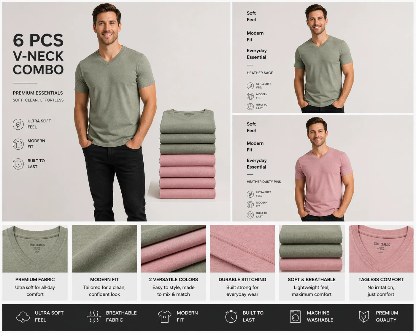 True Classic V-Neck 6 Pack Men Size XL Pink & Sage Special Bundle Deal