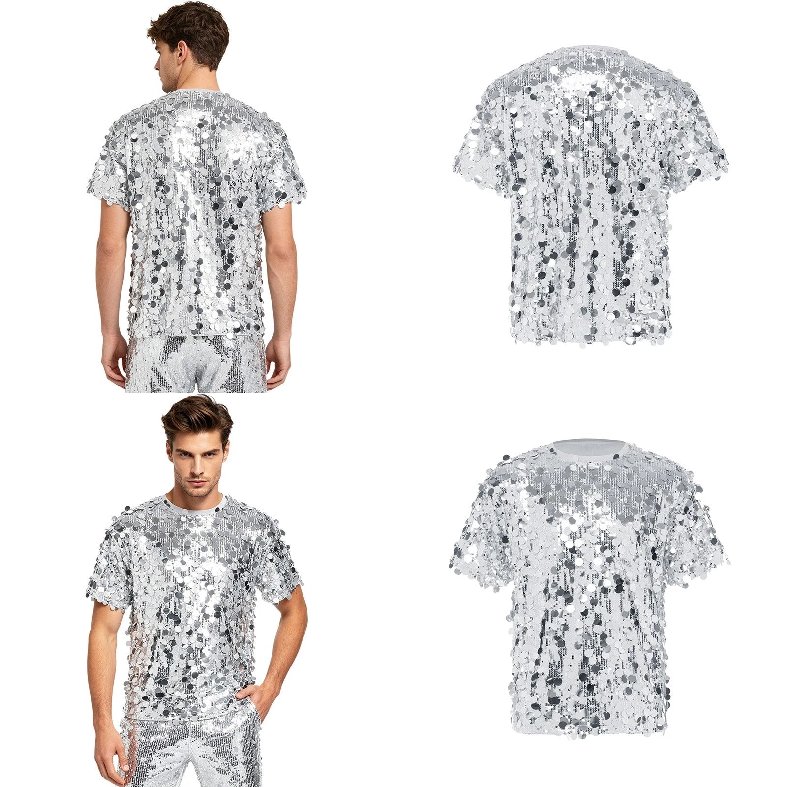 Men Tee Party Dance Top Crew Neck T-shirt Music Festivals Sequins Daily Wear