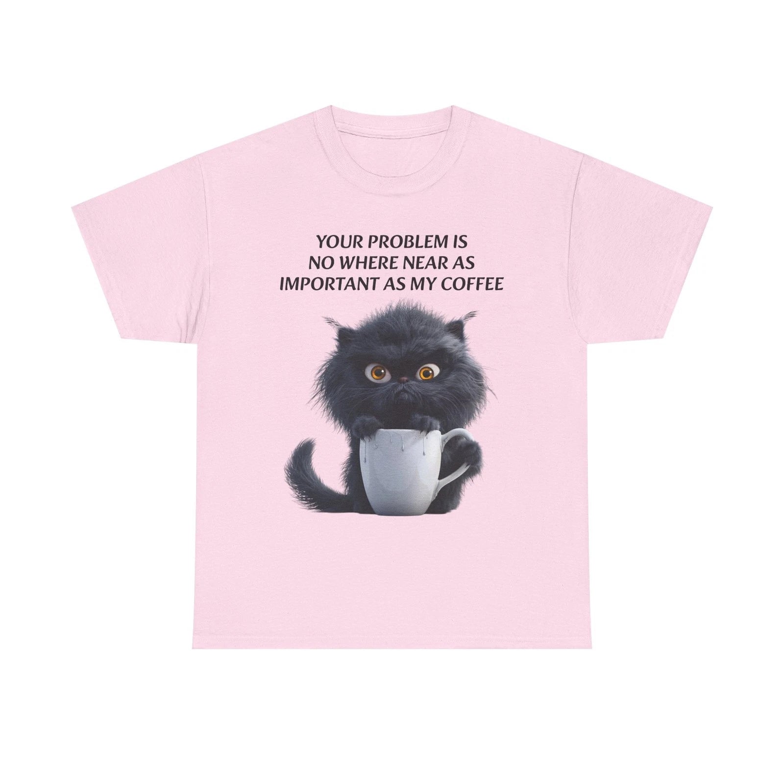 Grumpy Black Cat with Coffee T-Shirt | Funny Coffee Cat Tee