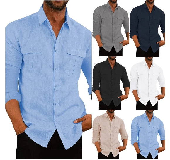 Linen Men's Shirt Double Pocket Long Sleeve Cotton Shirt Casual Vacation Summer