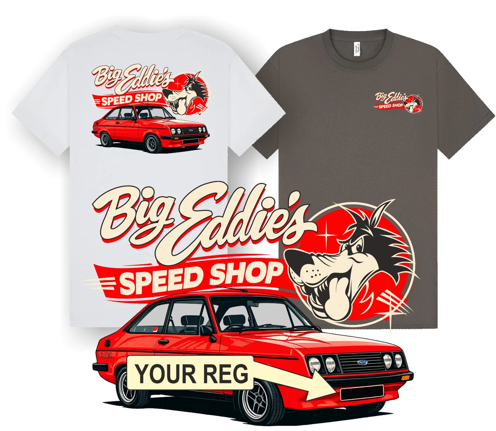 Ford Escort MK2 T Shirt Red RS2000 Classic Car Personalised Number Plate