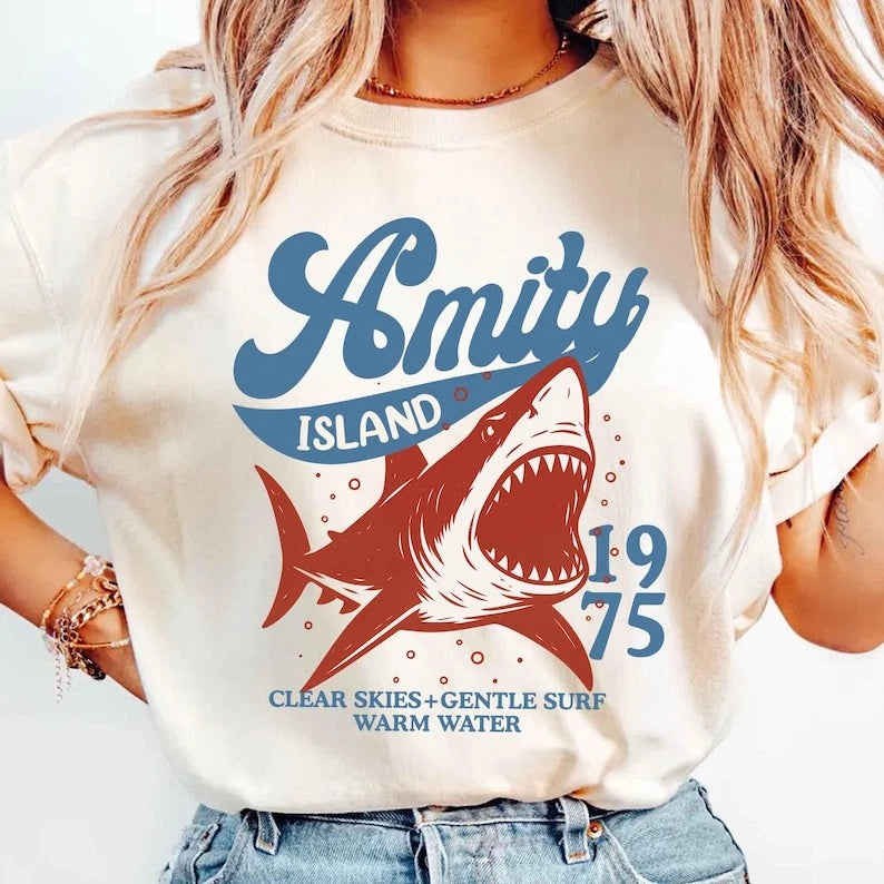 Jaws Amity Island 1975 Unisex Tee, Movie Inspired Gift, Cotton T-Shirt for Film