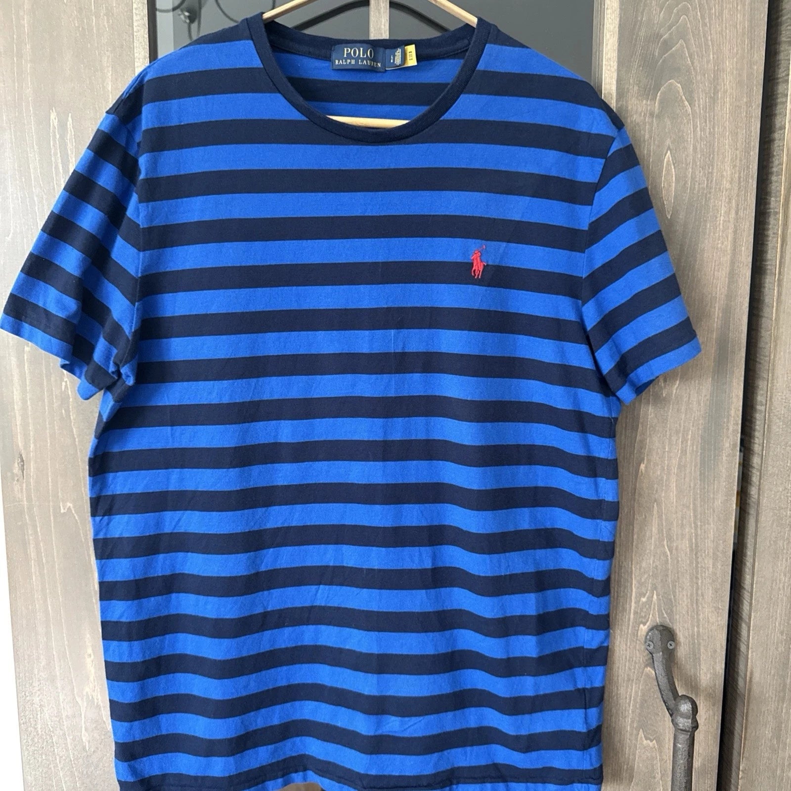 Polo Ralph Lauren Striped T-shirt Pony Logo 100% Cotton Slim Fit Mens L Blue