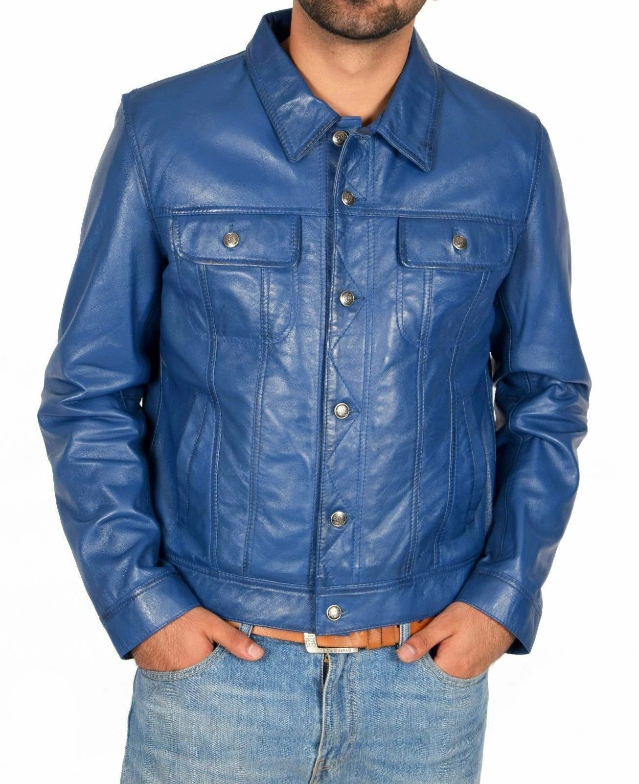 Men's Authentic Lambskin Leather Premium Shirt Jacket Stylish Soft Blue Shirt