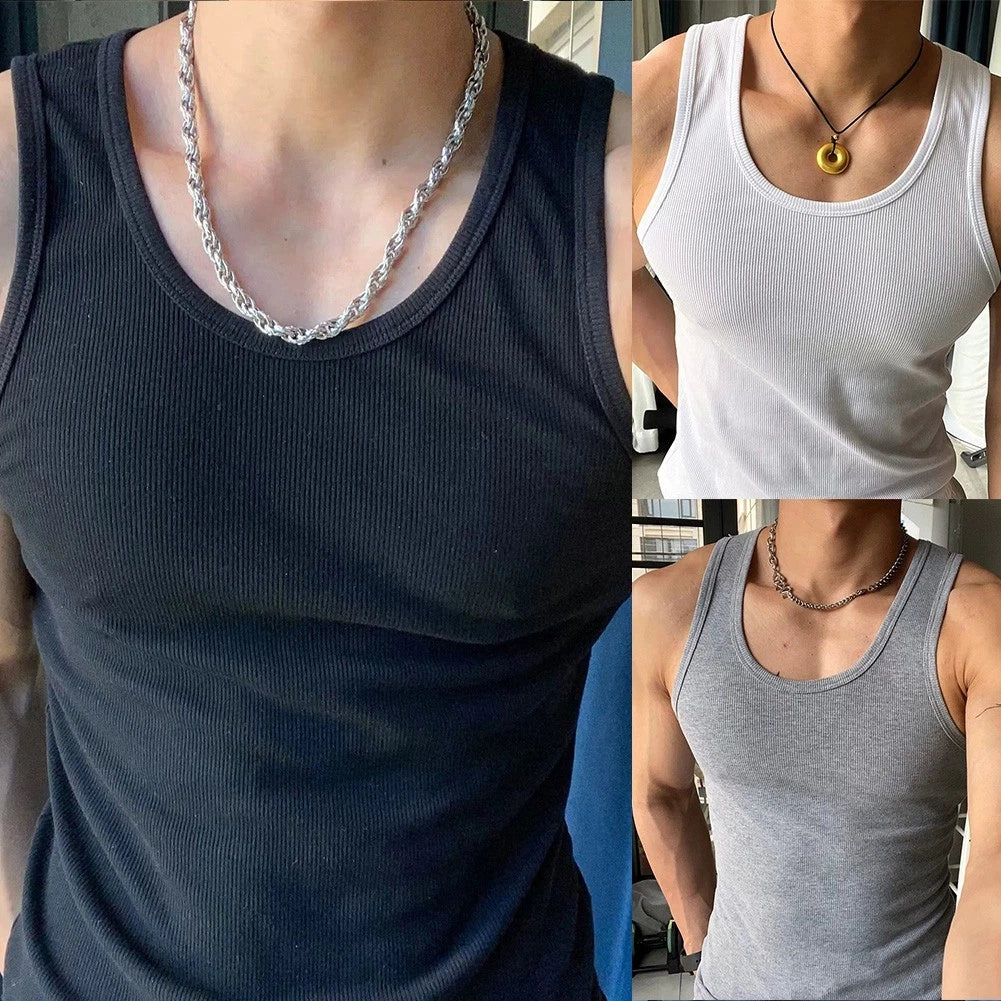 Stylish Grey Sports Vest Top with Vertical Stripe Design for Men's Fitness