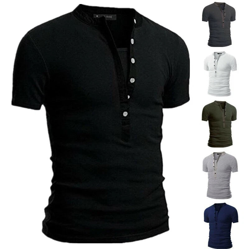 Mens Casual Slim Fit V Neck T-Shirt Muscle Tee Tops Short Sleeve Button Blouse &