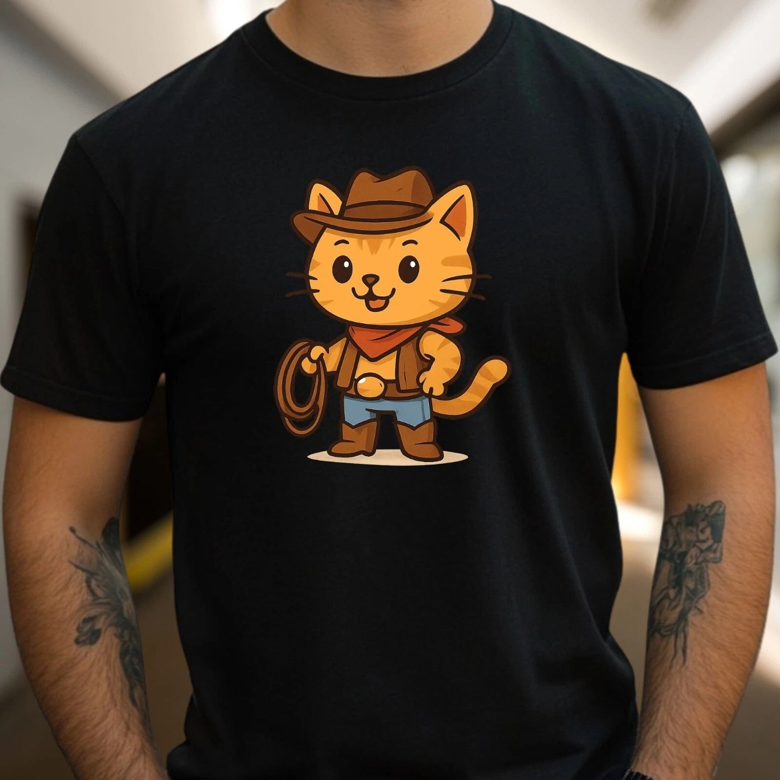 Mens Cowboy Cat Print Cotton T-Shirt Size XS to 5XL