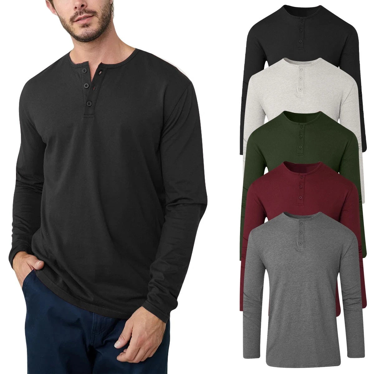 Mens Henley Long Sleeve Jersey Plain T-shirt Grandad Neck Top Causal by River Rd