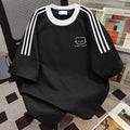 Women Cotton T Shirt Stripe Sleeve Oversized Casual Student Short Sleeve Tee
