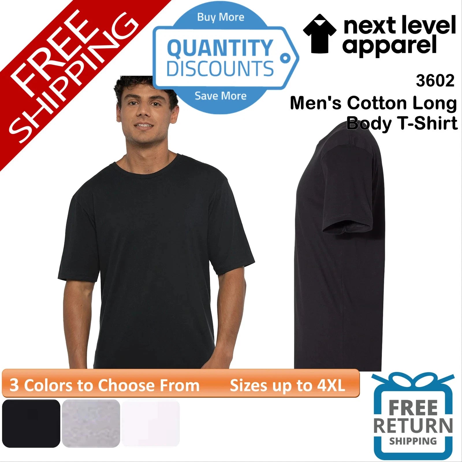 🔥 Next Level Men's Cotton Long Body Ring-spun Cotton T-Shirt Up To 4XL 3602