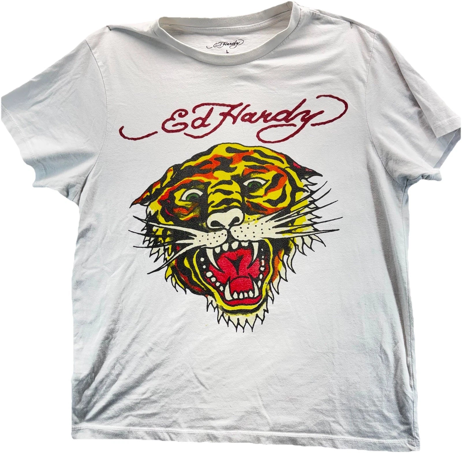 Ed Hardy White T-Shirt Tattoo Tiger Grunge Emo Logo Y2K Graphic Mens Large