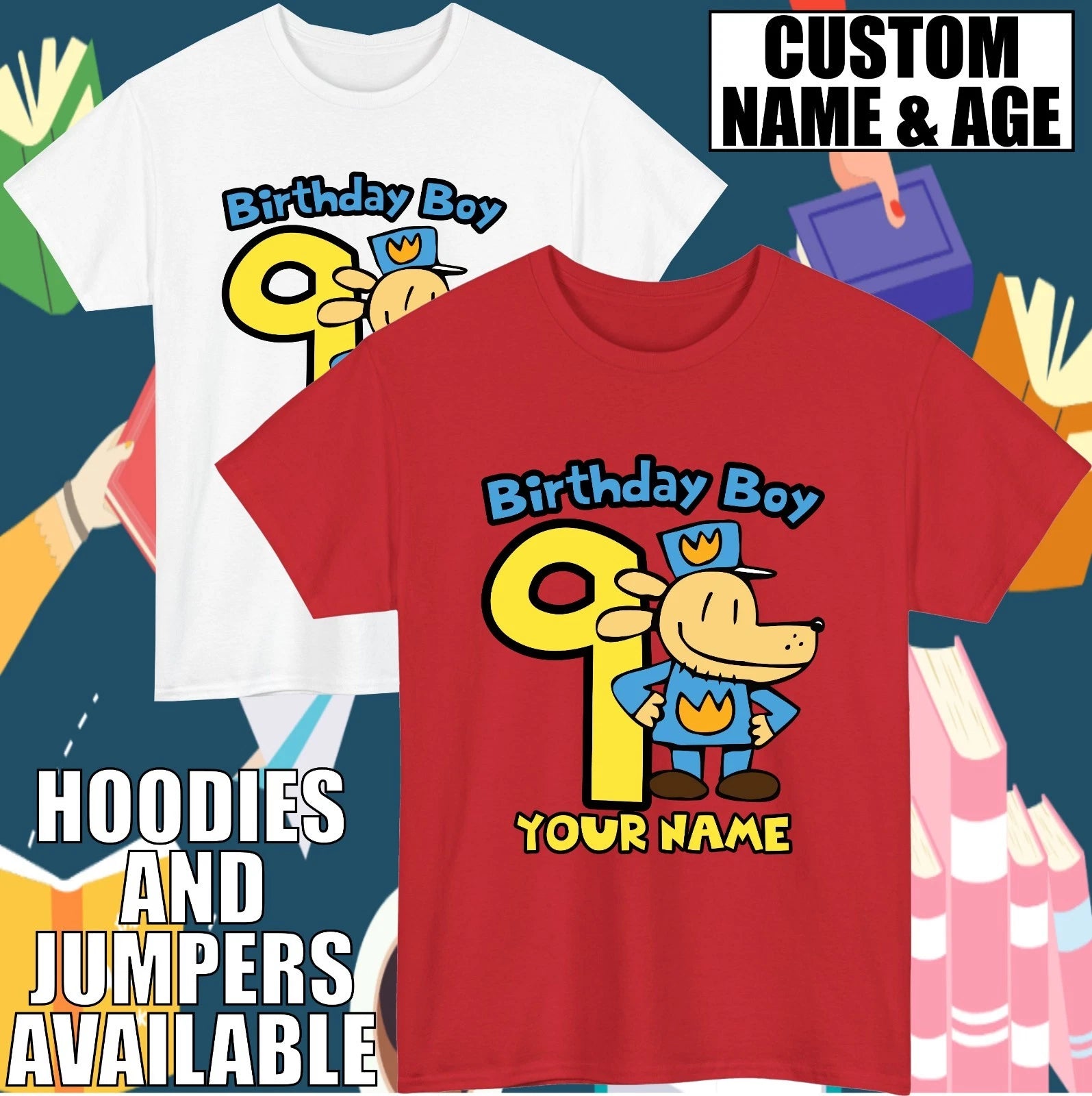 Personalised Dog Man Birthday T-Shirt Custom Age & Name World Book Day Tee Top