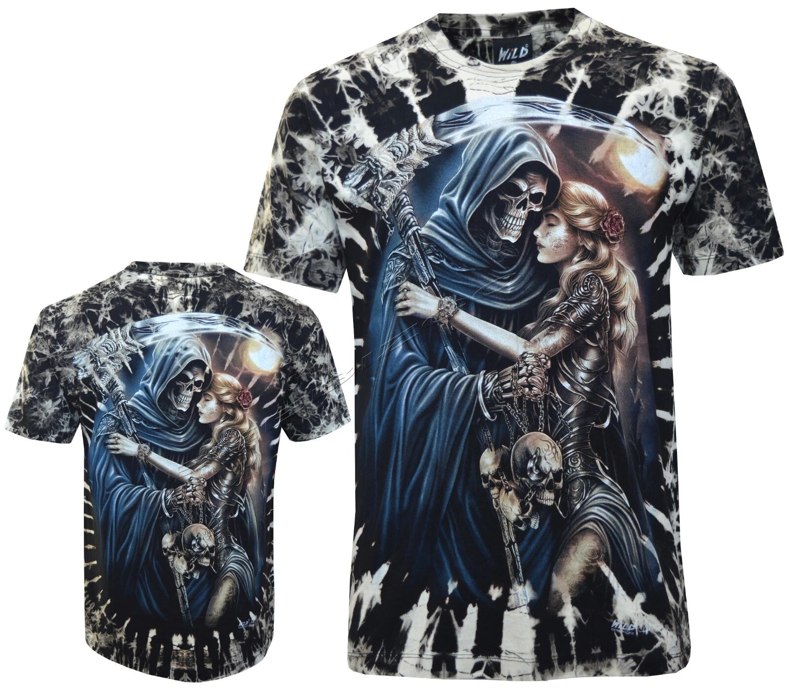 Tie Dye T-shirt Grim Reaper & Blonde Woman Soldier Scythe Glow in Dark by Wild