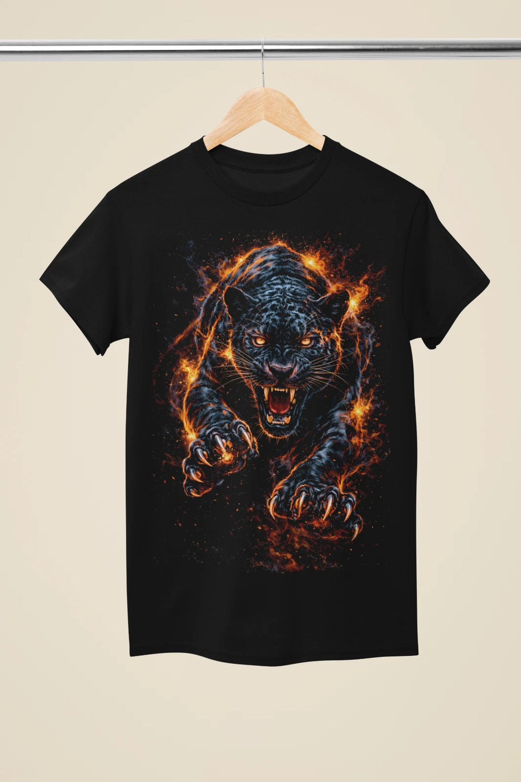 Black Panther Attack Graphic T-Shirt | Fire Big Cat Art | Black Tee