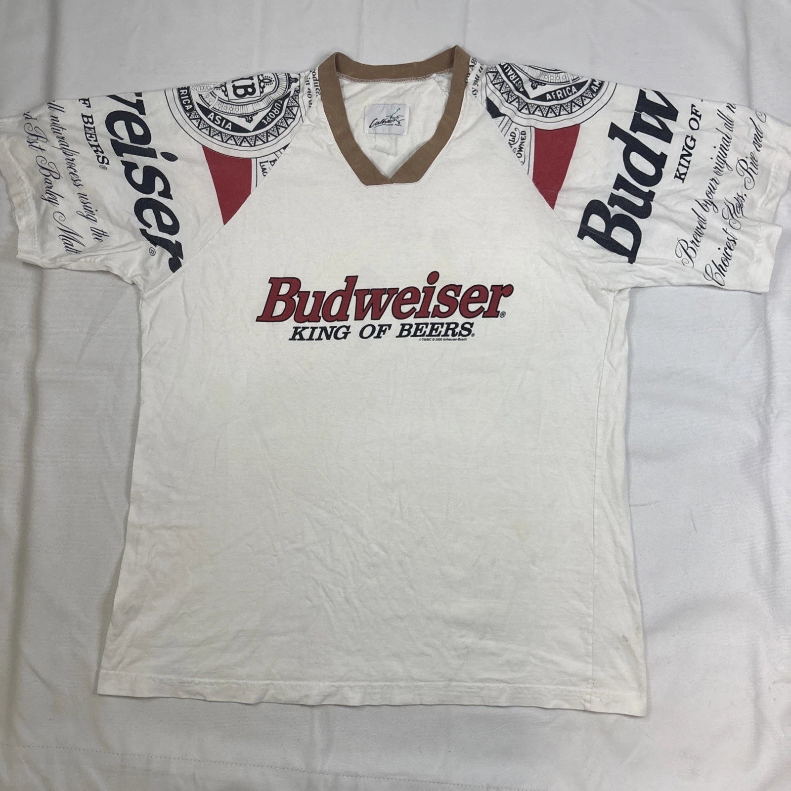 Calhoun T Shirt Men’s XL White Budweiser Long Of Beers 2000 Y2K Sleeves