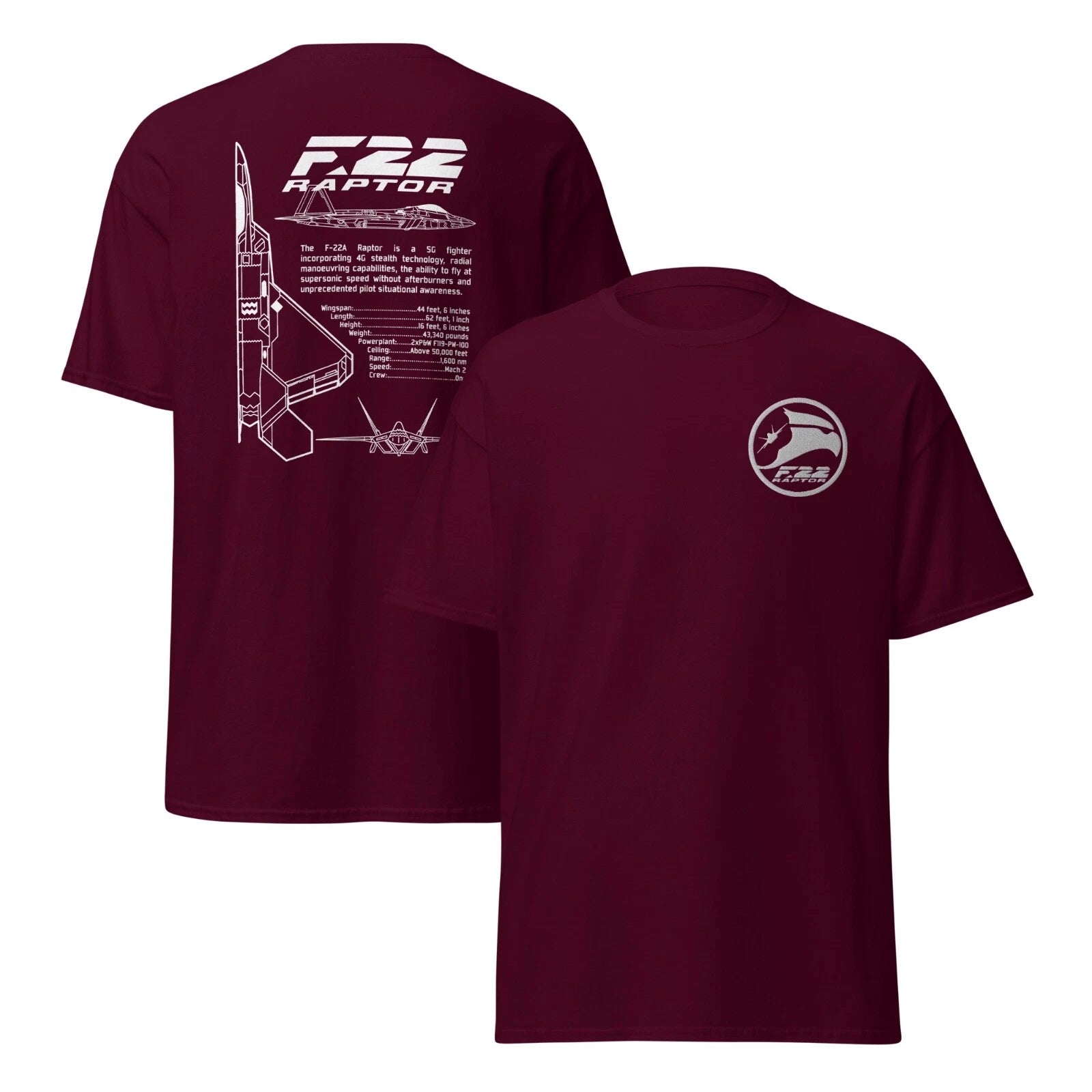 F-22 Raptor Fighter Jet T-Shirt with Embroidered Logo and Infographic Design