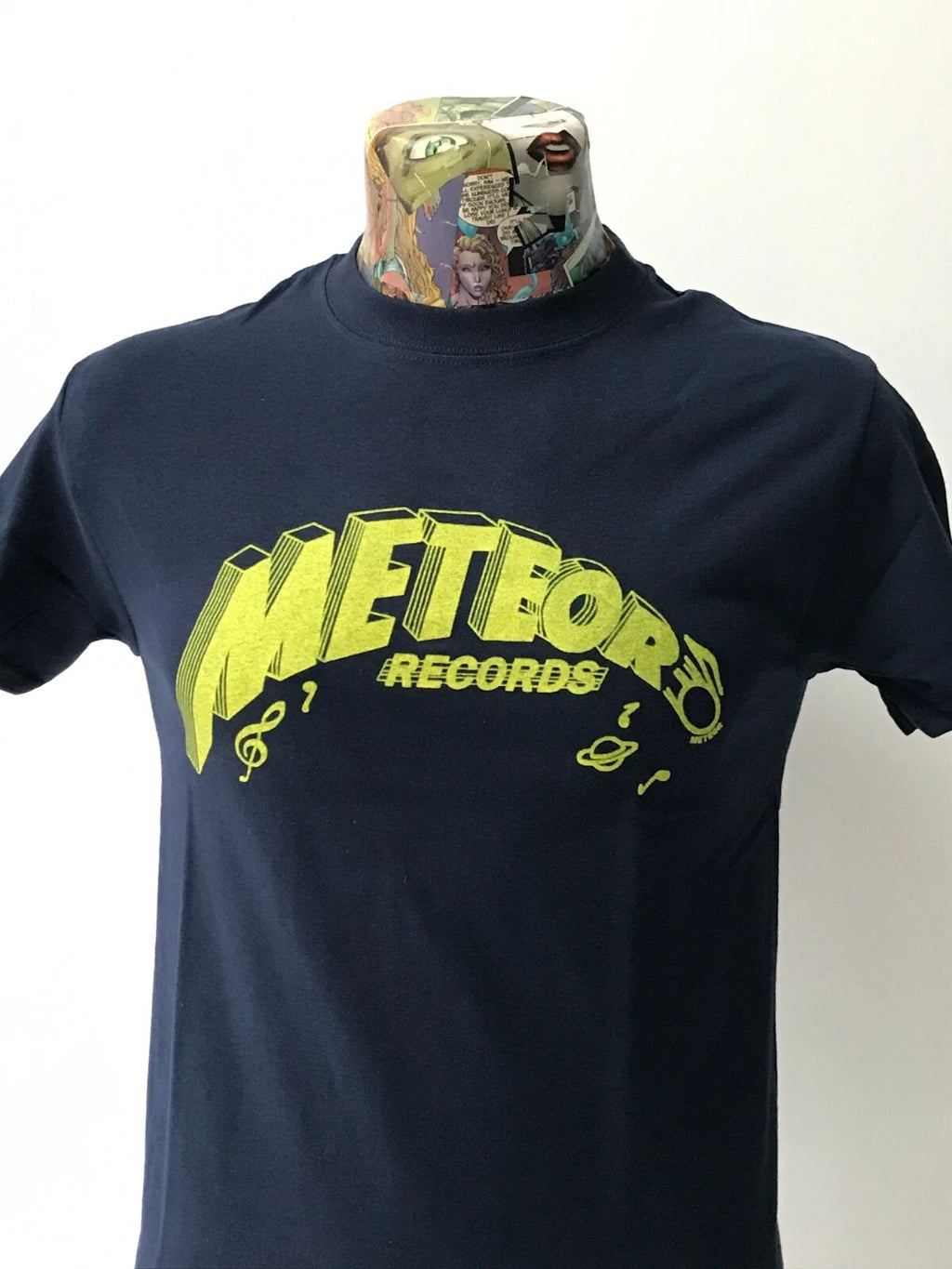METEOR RECORDS NAVY BLUE & YELLOW SCREEN PRINTED T SHIRT ROCKABILLY FREEPOST
