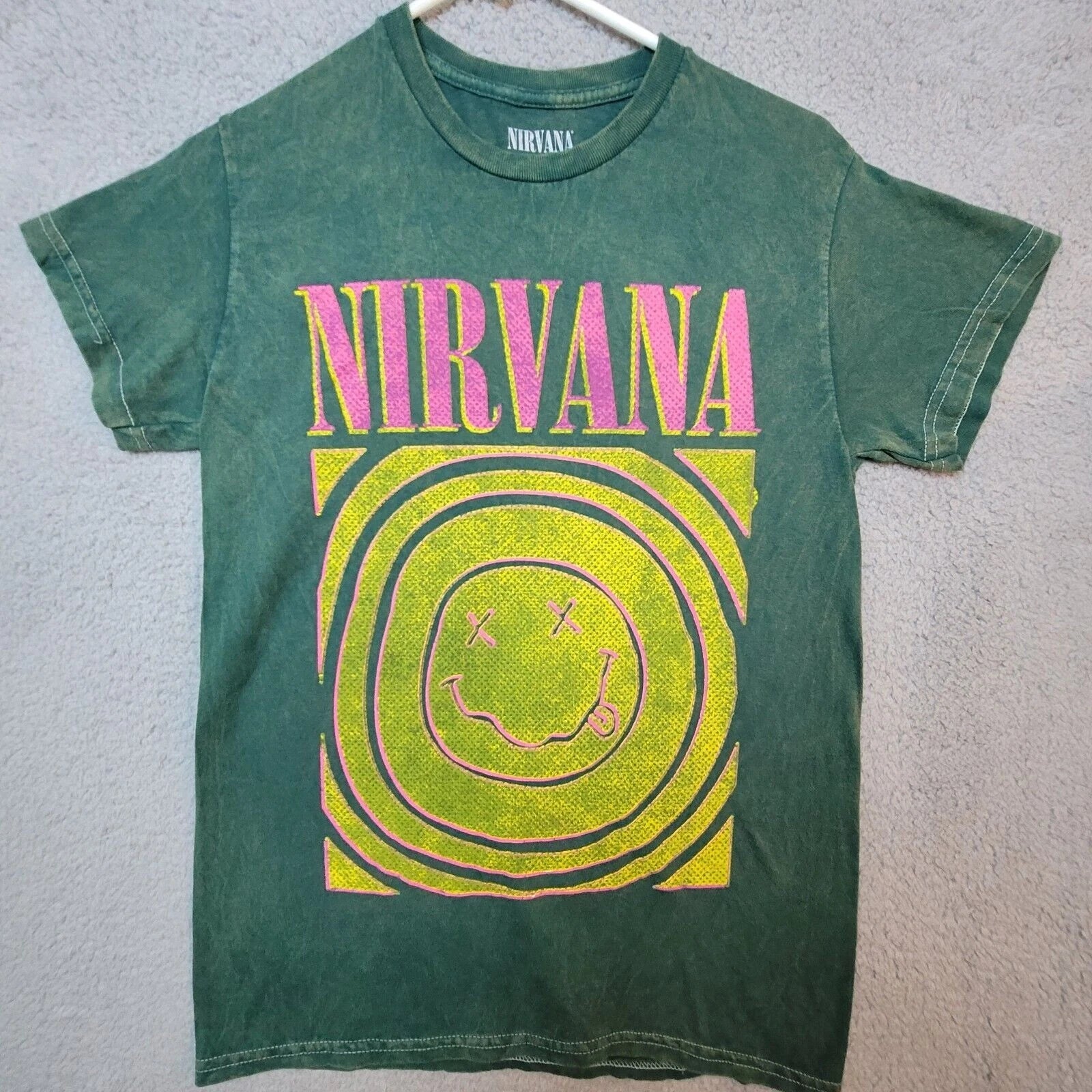 Nirvana Tee Shirt Men's Retro Graphic Burnout Green Smiley Face Size S