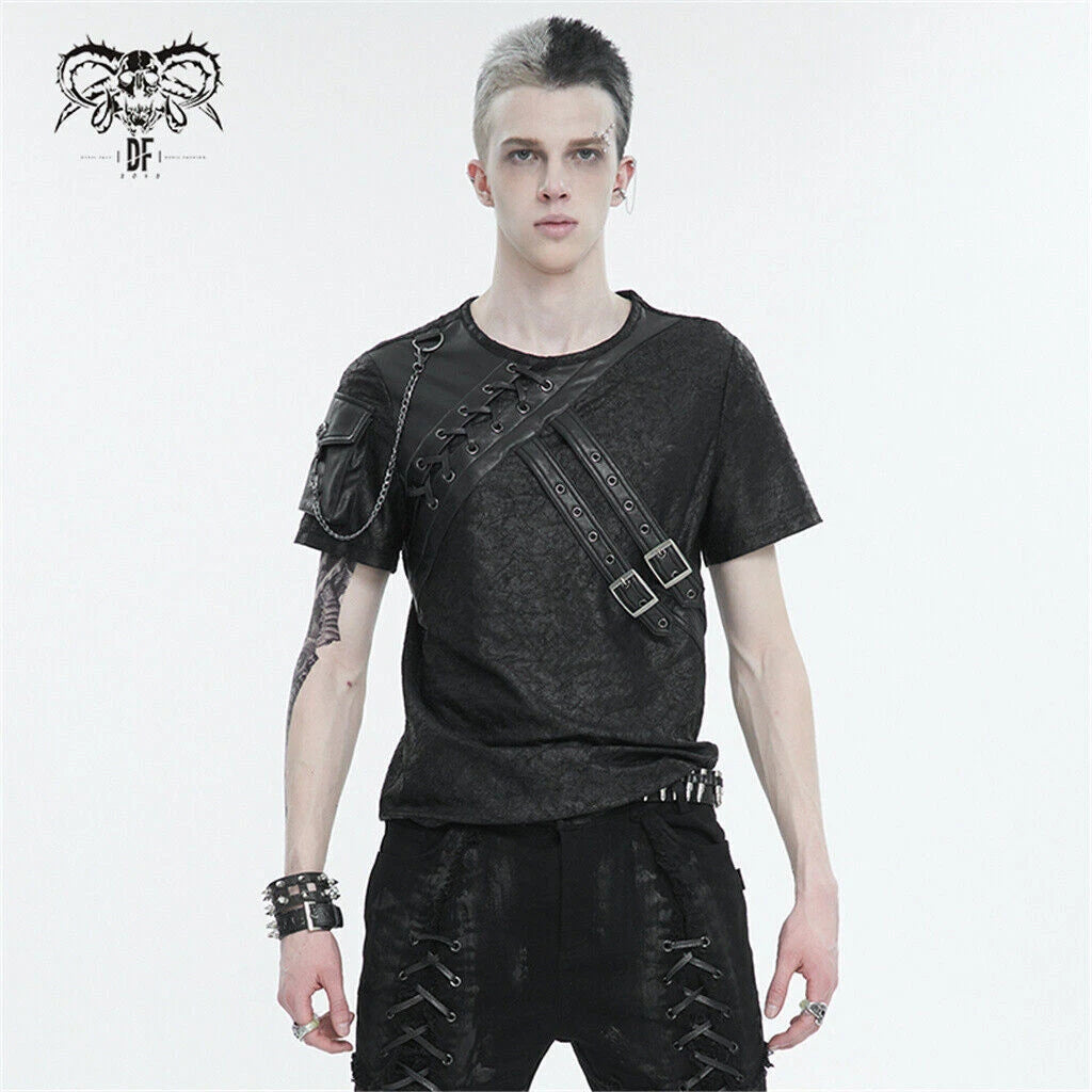 Devil Fashion Men Black Punk Arm Pocket Short Sleeve T-Shirt Casual Slim Tops