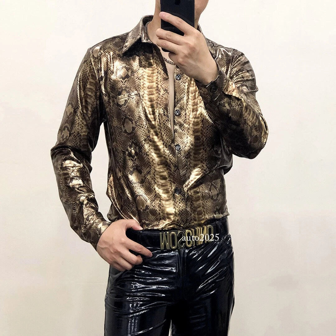 Men Print Leopard Print Glossy Shirt Slim Fit Big Size Nightclub Sexy Tops